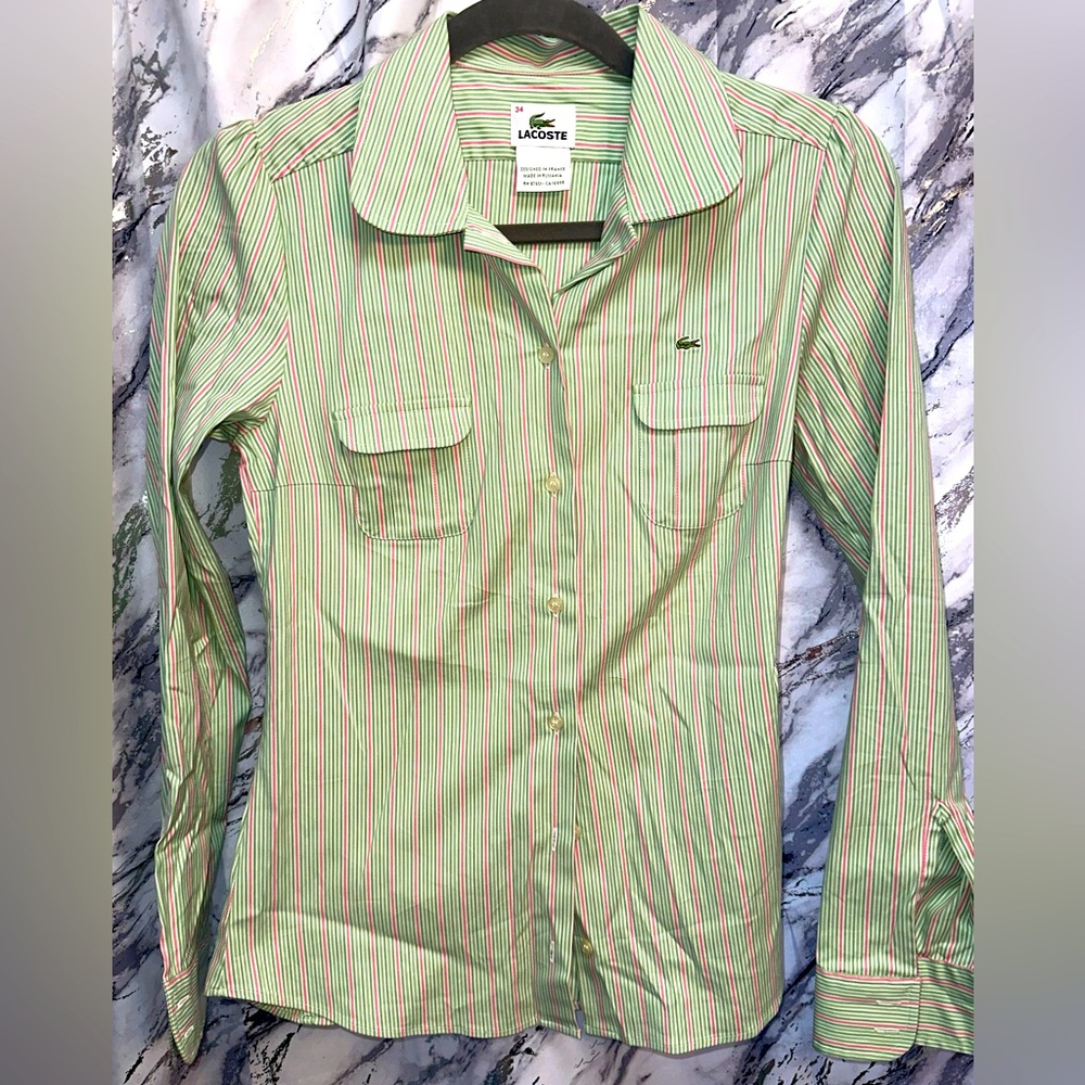 Lacoste full button up dress shirt lime green and Pink pin stripe Y2K Style